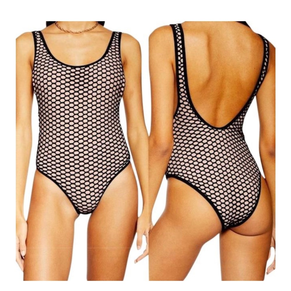 Topshop
Nude/Black Fishnet Scoop Neck Swimsuit One-piece Bathing Suit